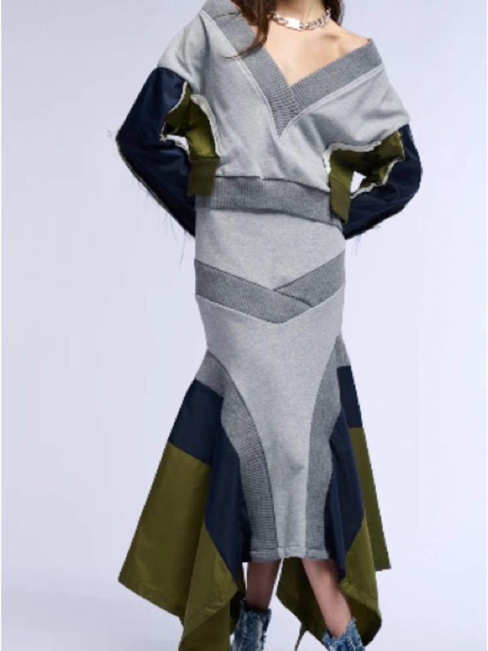 AKIRA Grey Colorblock Midi Skirt with Olive & Navy Panels